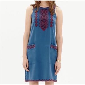 Madewell 100% Silk Embroidered Blue and Red Shift Dress, size XS